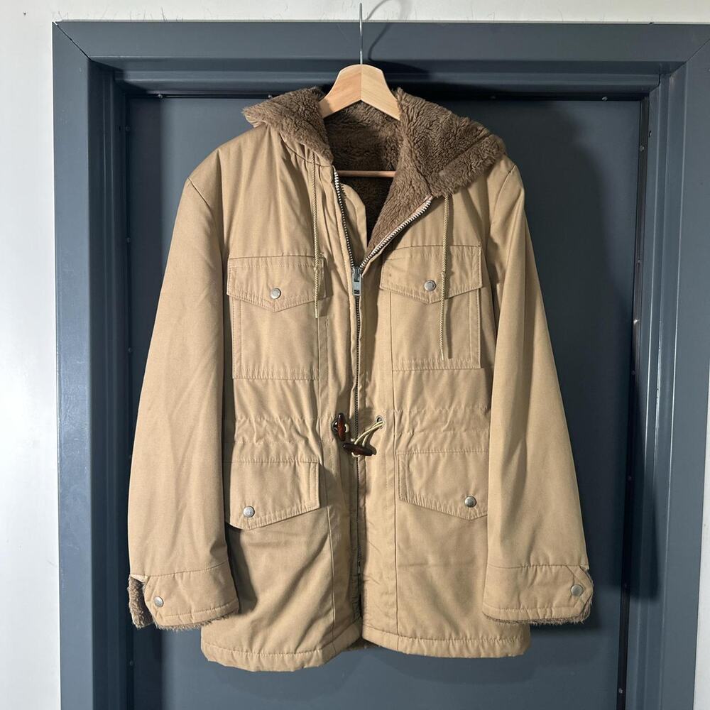 Vintage Coat 60s Hooded Parka Long Sleeve with Fur Lining Tan Size Medium